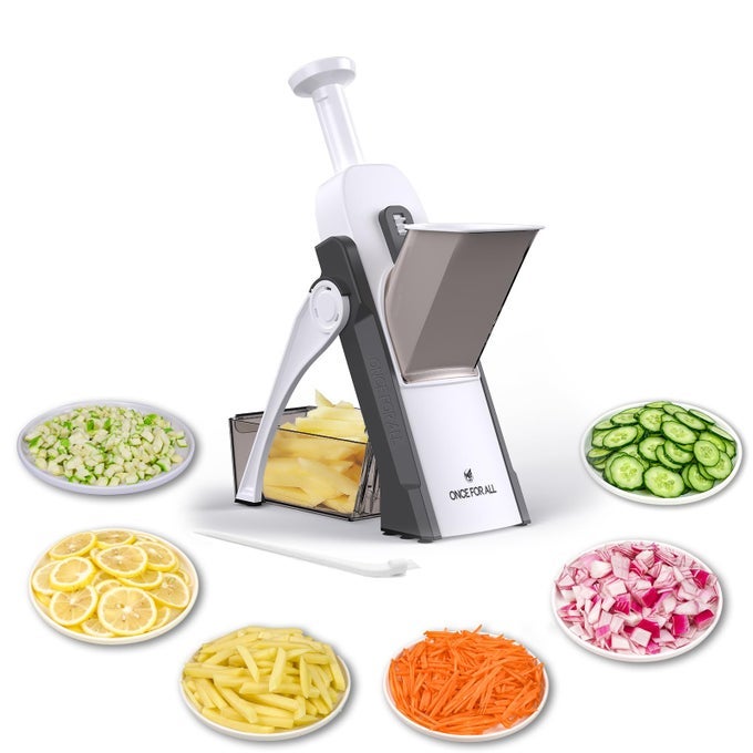 UPGRADE SAFE MANDOLINE SLICER PLUS ADJUSTABLE VEGETABLE FOOD CHOPPER POTATO FRIES FRENCH FRY CUTTER DETACHABLE BLADE KITCHEN CHOPPING ARTIFACT NEW KITCHEN GIFT DARKGRAY