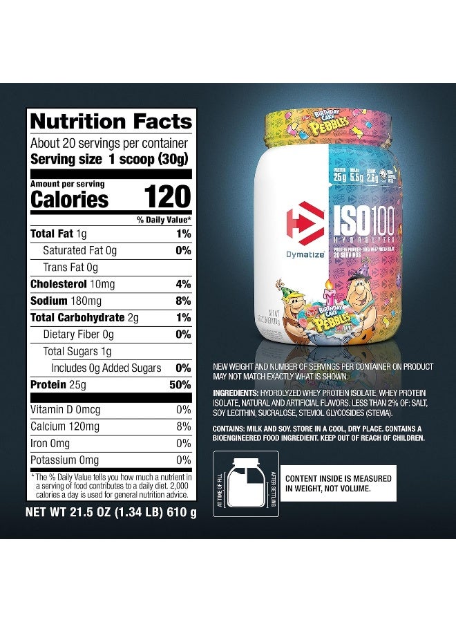Iso 100 Hydrolyzed Whey Protein Isolate Powder - Birthday Cake Flavor - 610G - 20 Servings - For Muscle Growth & Recovery