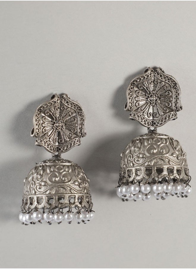 ISHIN Silver-Toned Dome Shaped Jhumkas Earrings  - Image 4