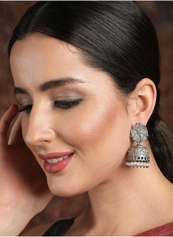 ISHIN Silver-Toned Dome Shaped Jhumkas Earrings