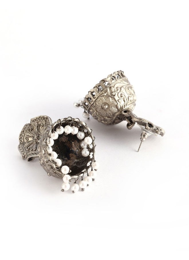 ISHIN Silver-Toned Dome Shaped Jhumkas Earrings  - Image 3