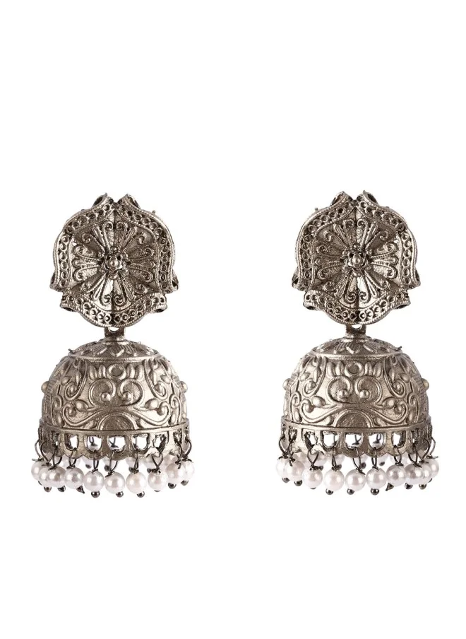 ISHIN Silver-Toned Dome Shaped Jhumkas Earrings