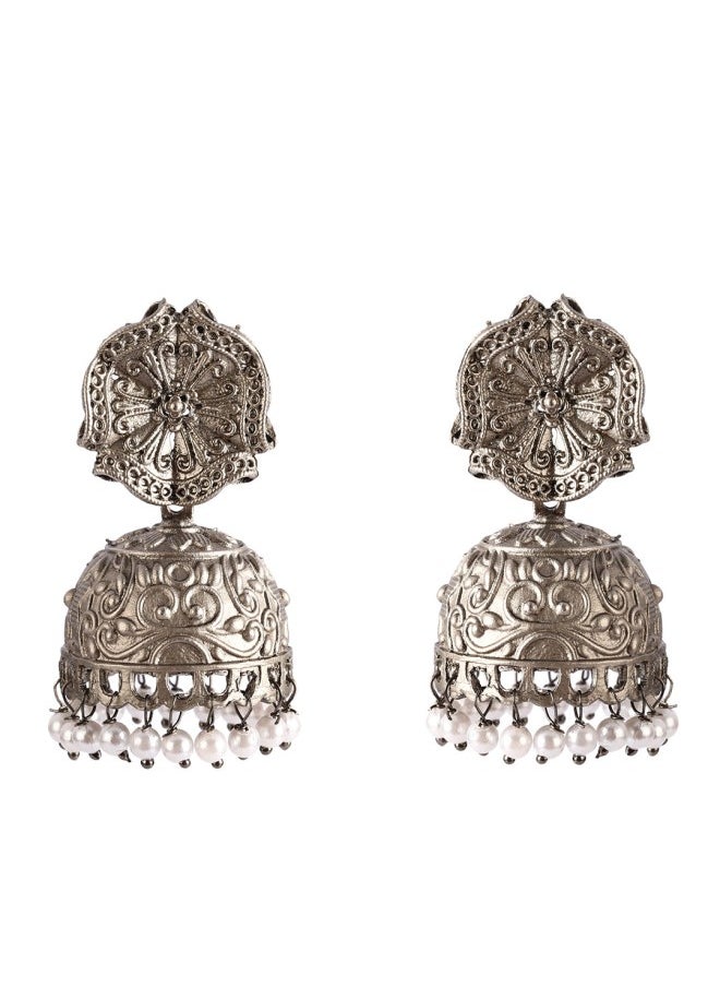 ISHIN Silver-Toned Dome Shaped Jhumkas Earrings  - Image 2