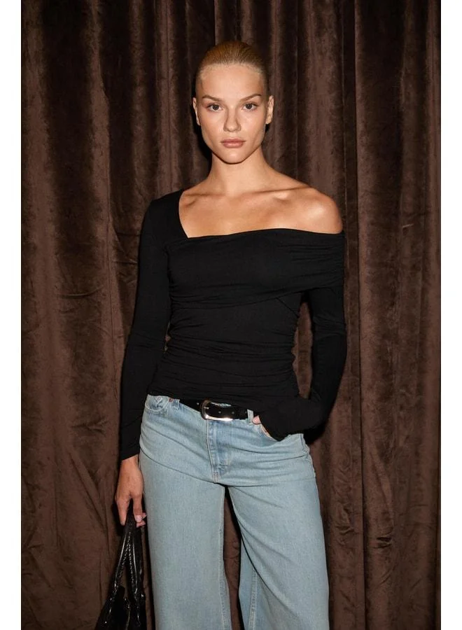 GRIMELANGE VELMEA Women's Asymmetrical Collar Shoulder-Detail Slim Fit Black Blouse.