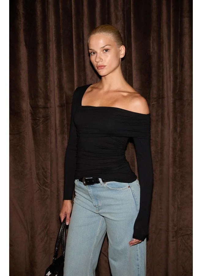 GRIMELANGE VELMEA Women's Asymmetrical Collar Shoulder-Detail Slim Fit Black Blouse.