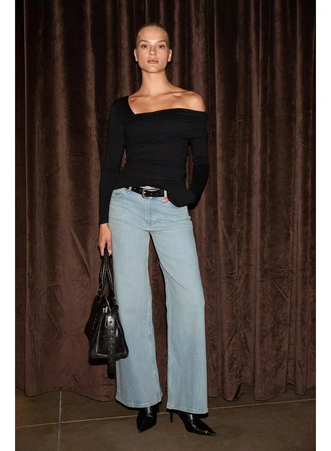 GRIMELANGE VELMEA Women's Asymmetrical Collar Shoulder-Detail Slim Fit Black Blouse.