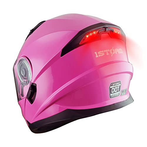 1Storm خوذة دراجة نارية جديدة 1Storm قابلة للتعديل بوجه كامل مع درع مزدوج ودرع شمس مع ضوء خلفي LED قابل للشحن: وردي لامع - Image 1