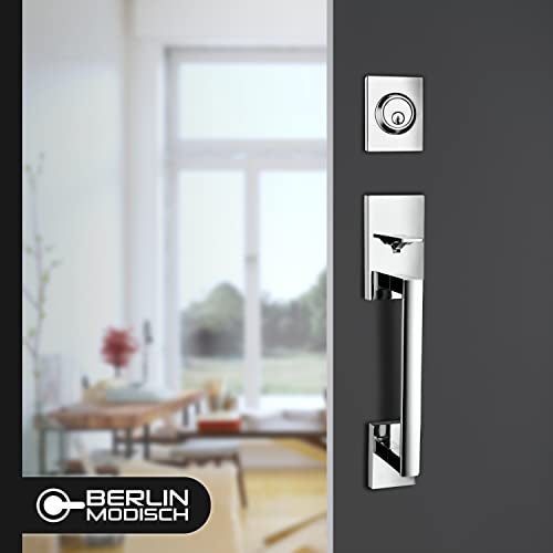 Berlin Modisch HandleSet Front Door Entry Handle and Deadbolt Lock Set Slim Square Single Cylinder Deadbolt and Lever Reversible for Right & Left Sided Doors Heavy Duty – Polished Chrome Finish - Image 3