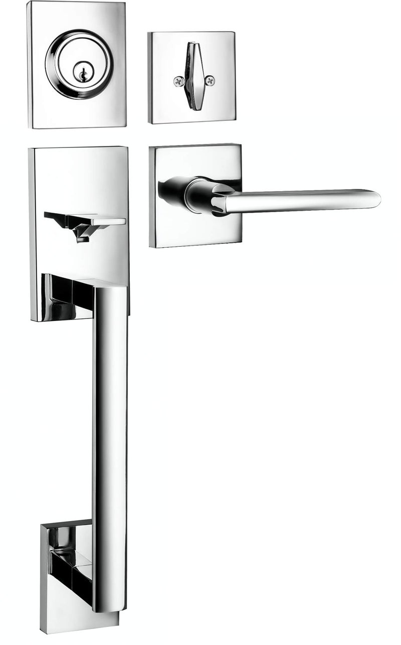 Berlin Modisch HandleSet Front Door Entry Handle and Deadbolt Lock Set Slim Square Single Cylinder Deadbolt and Lever Reversible for Right & Left Sided Doors Heavy Duty – Polished Chrome Finish - Image 1