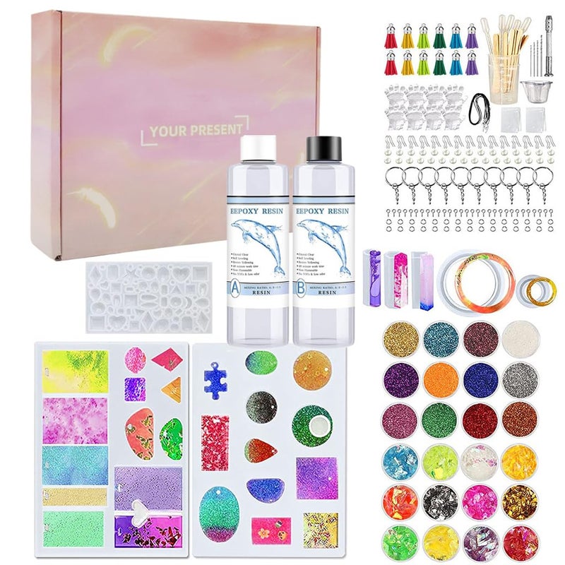 HASTHIP ® Epoxy Resin Kit for Beginners, 225Pcs Resin Kits for Jewelry Making Silicone Molds Starter with Keychain Earring Making Kit for DIY Jewelry Earring Keychain Necklace Rings Making, Clear - Image 1