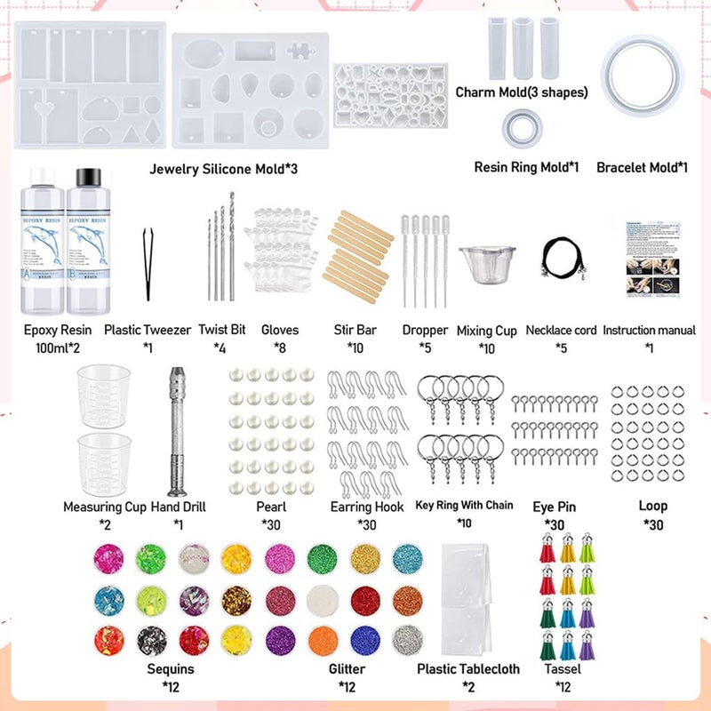 HASTHIP ® Epoxy Resin Kit for Beginners, 225Pcs Resin Kits for Jewelry Making Silicone Molds Starter with Keychain Earring Making Kit for DIY Jewelry Earring Keychain Necklace Rings Making, Clear - Image 4