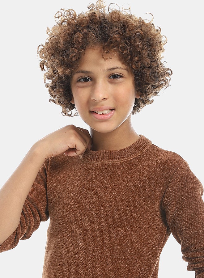 Andora Velvet Round Collar Long Sleeves Plain Pullover-Brown - Image 4