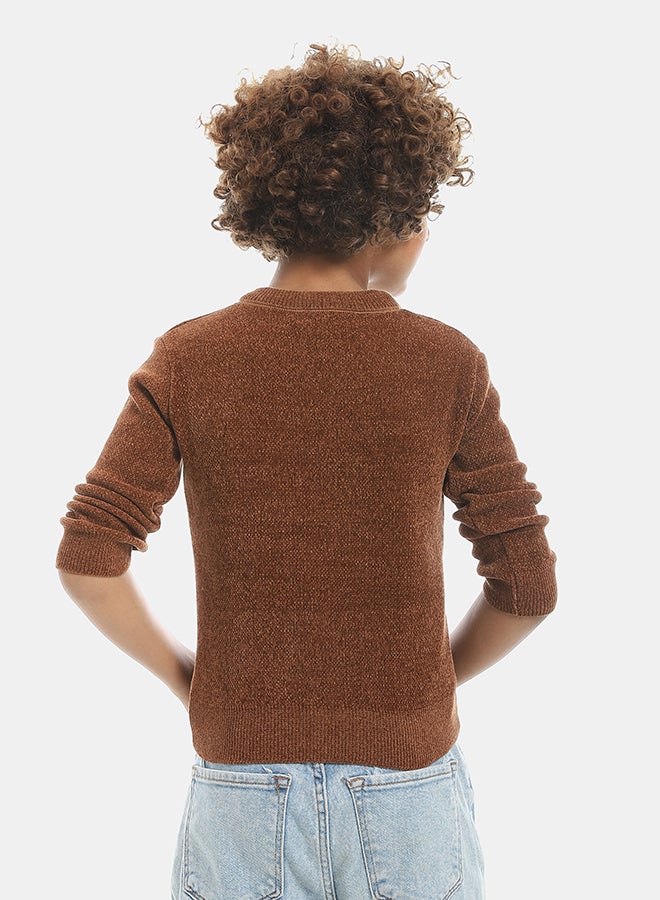 Andora Velvet Round Collar Long Sleeves Plain Pullover-Brown - Image 3