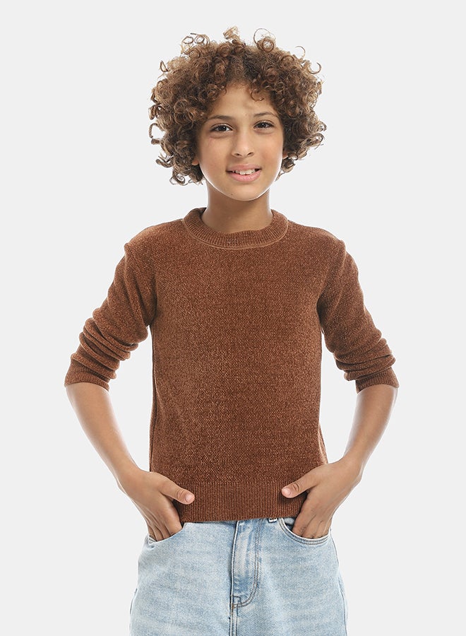 Andora Velvet Round Collar Long Sleeves Plain Pullover-Brown - Image 1