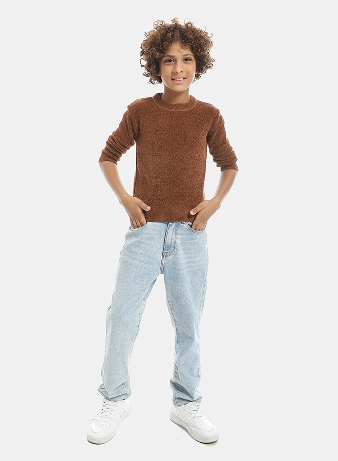 Andora Velvet Round Collar Long Sleeves Plain Pullover-Brown - Image 5