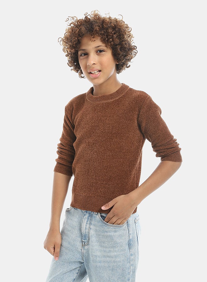 Andora Velvet Round Collar Long Sleeves Plain Pullover-Brown - Image 2