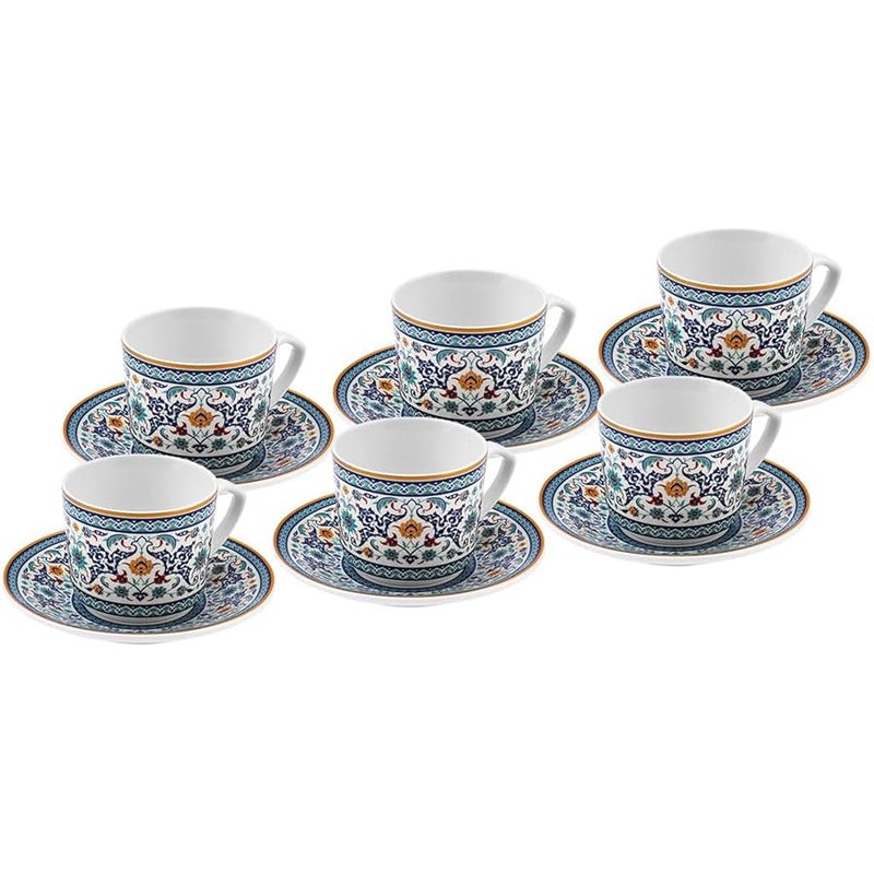Karaca Beylerbeyi Porcelain Turkish Coffee Cup Set of 6, 12 Piece, 80ml, White Blue Multi - Image 3