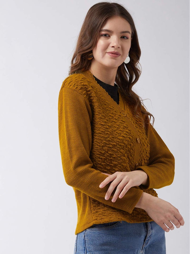 Pivl Self Design V Neck Casual Women Sweater/Cardigan for Winter (Large, Mustard) - Image 4