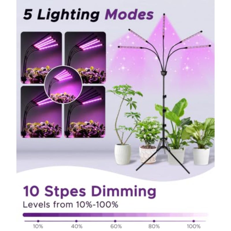 Grow Lights For Indoor Plants 5 Heads Plant Light With 15-60 Inch Adjustable Tripod Stand Indoor Grow Lamp With Remote Control And Auto On/Off Timer Function For Home Office Garden Use Full Spectrum LED - Image 4
