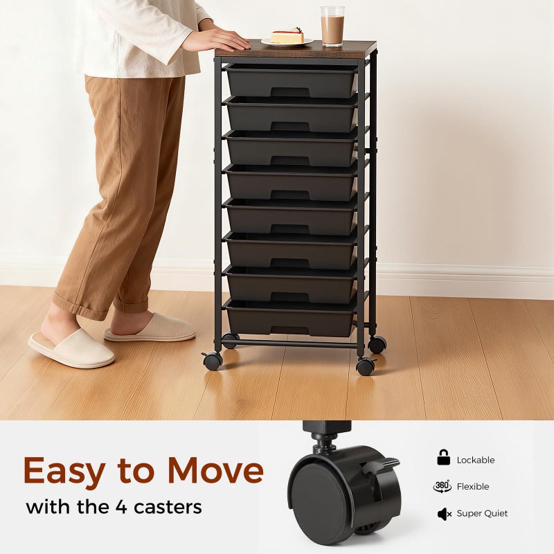 Time Forest Rolling Cart with 8 Drawers, Plastic Drawer Storage Carts with Wheels & Wooden Tabletop, Metal Utility Cart Organizer for Bedroom Living Room Office Classroom Craft Organization and Storage, Black - Image 5