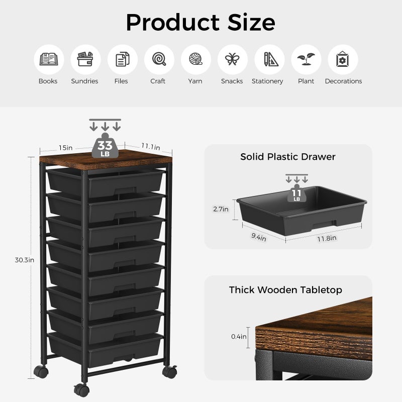 Time Forest Rolling Cart with 8 Drawers, Plastic Drawer Storage Carts with Wheels & Wooden Tabletop, Metal Utility Cart Organizer for Bedroom Living Room Office Classroom Craft Organization and Storage, Black - Image 4
