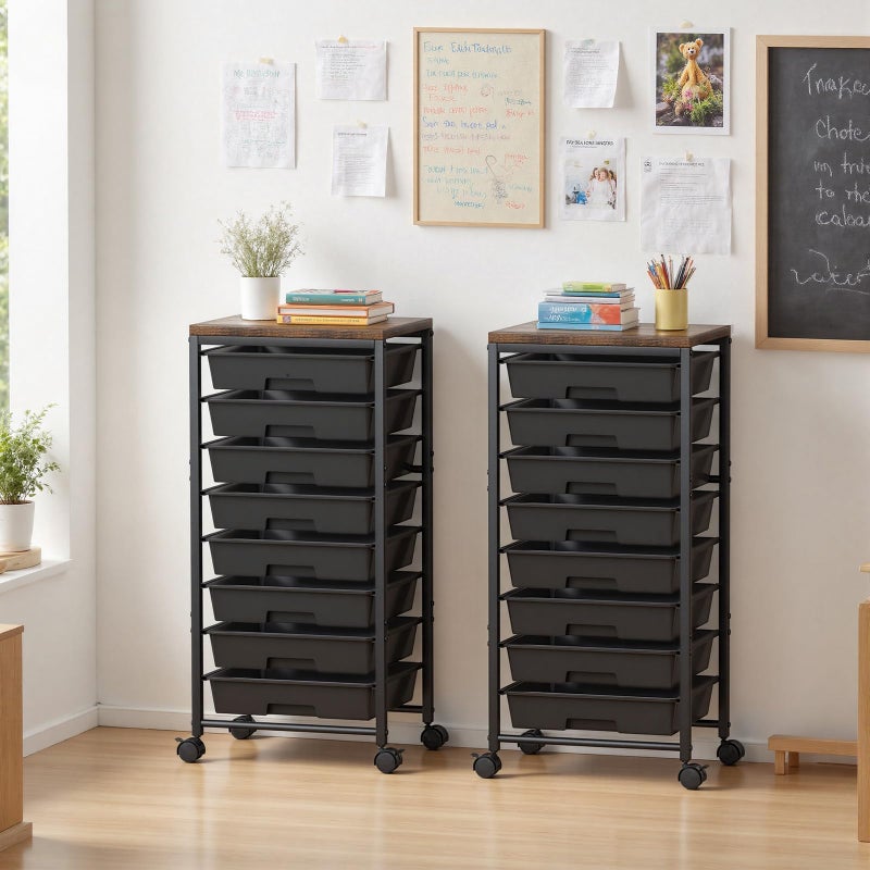Time Forest Rolling Cart with 8 Drawers, Plastic Drawer Storage Carts with Wheels & Wooden Tabletop, Metal Utility Cart Organizer for Bedroom Living Room Office Classroom Craft Organization and Storage, Black - Image 2