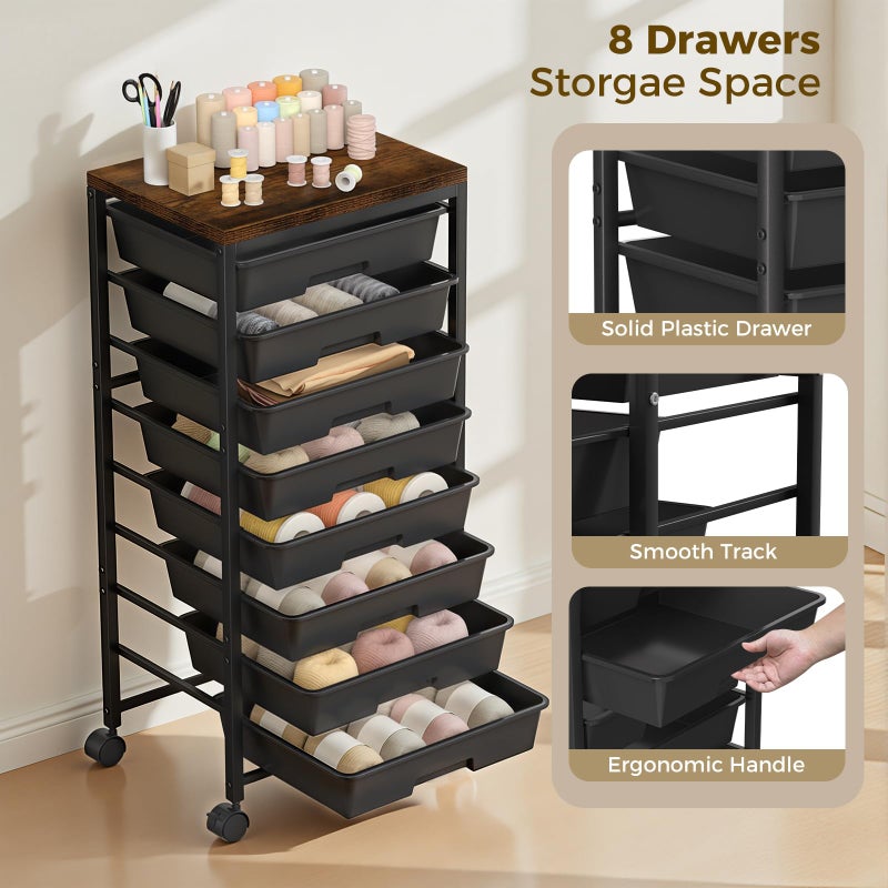 Time Forest Rolling Cart with 8 Drawers, Plastic Drawer Storage Carts with Wheels & Wooden Tabletop, Metal Utility Cart Organizer for Bedroom Living Room Office Classroom Craft Organization and Storage, Black - Image 3