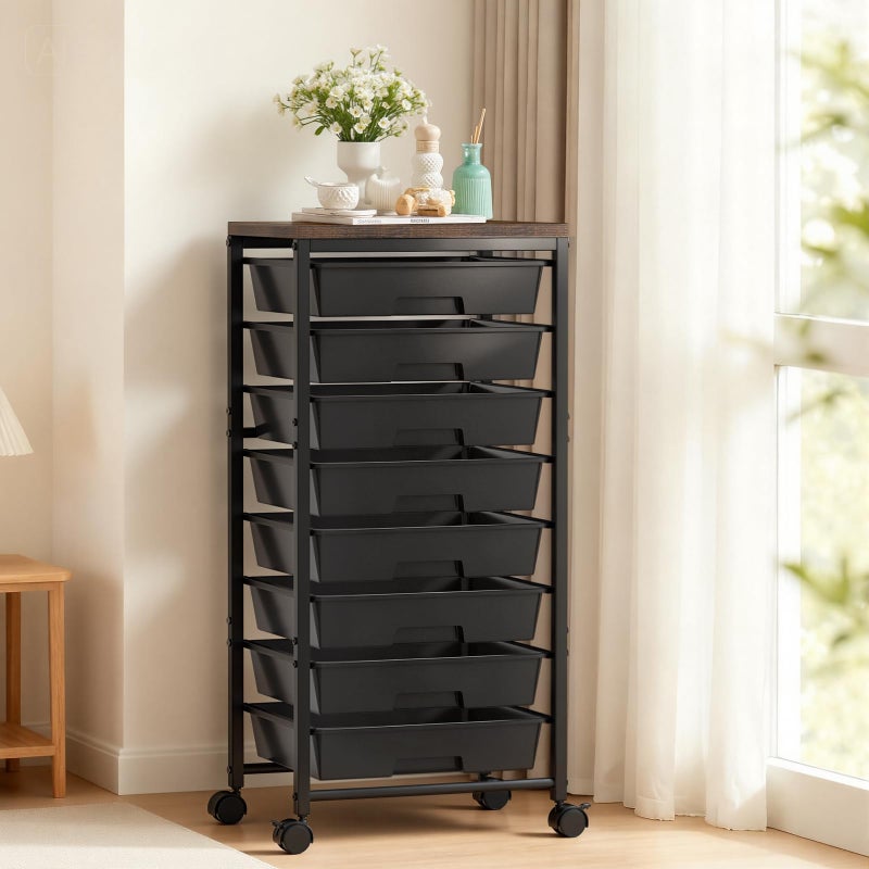 Time Forest Rolling Cart with 8 Drawers, Plastic Drawer Storage Carts with Wheels & Wooden Tabletop, Metal Utility Cart Organizer for Bedroom Living Room Office Classroom Craft Organization and Storage, Black - Image 1