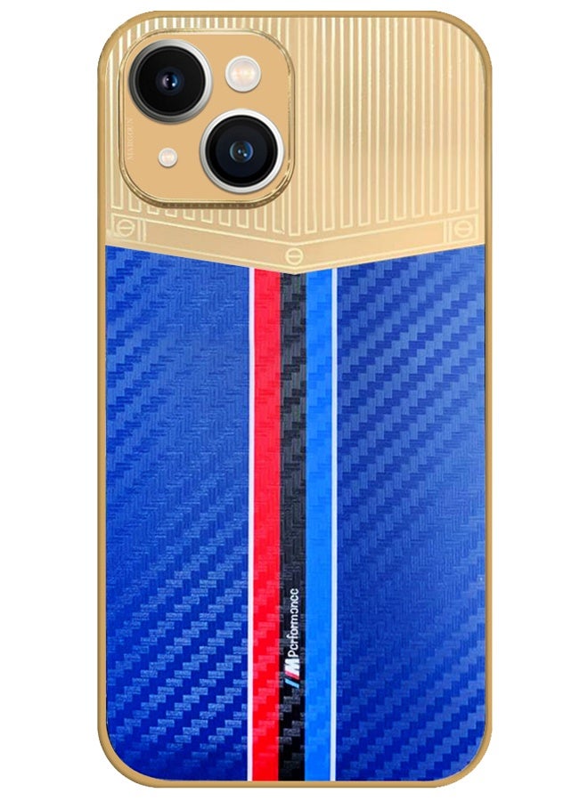 CATANES Luxury Gold Plated Case for iPhone 13 - Hybrid Electroplated Frame Back Cover with Carbon Fiber Texture - Racing Stripe Pattern Blue - Image 1
