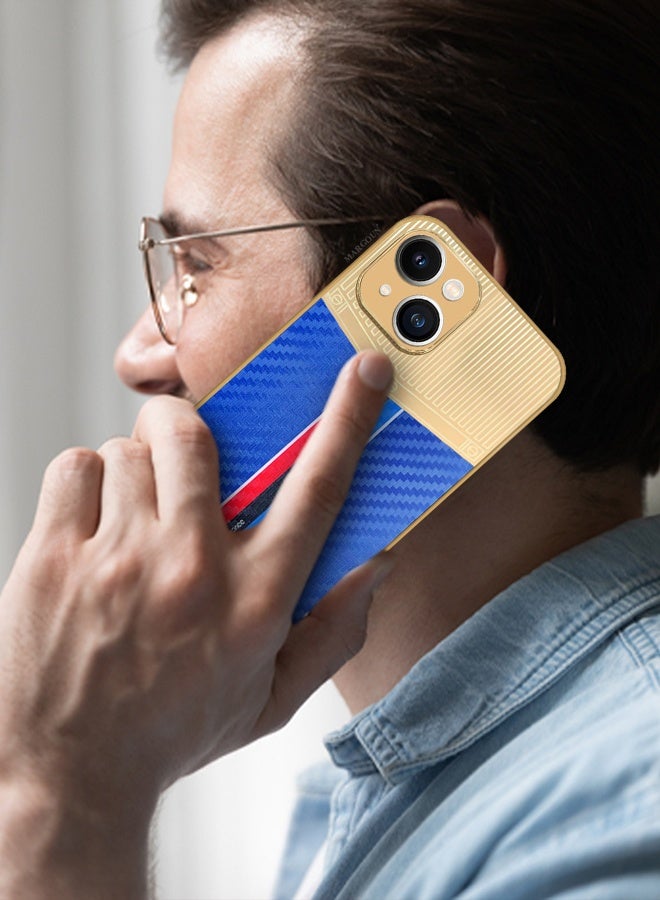 CATANES Luxury Gold Plated Case for iPhone 13 - Hybrid Electroplated Frame Back Cover with Carbon Fiber Texture - Racing Stripe Pattern Blue - Image 3