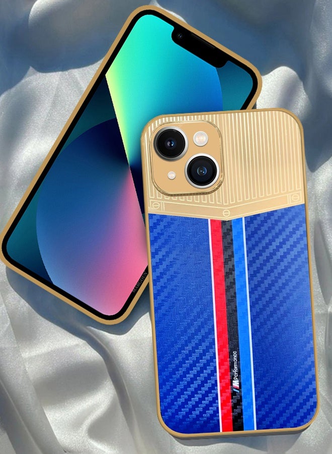 CATANES Luxury Gold Plated Case for iPhone 13 - Hybrid Electroplated Frame Back Cover with Carbon Fiber Texture - Racing Stripe Pattern Blue - Image 4