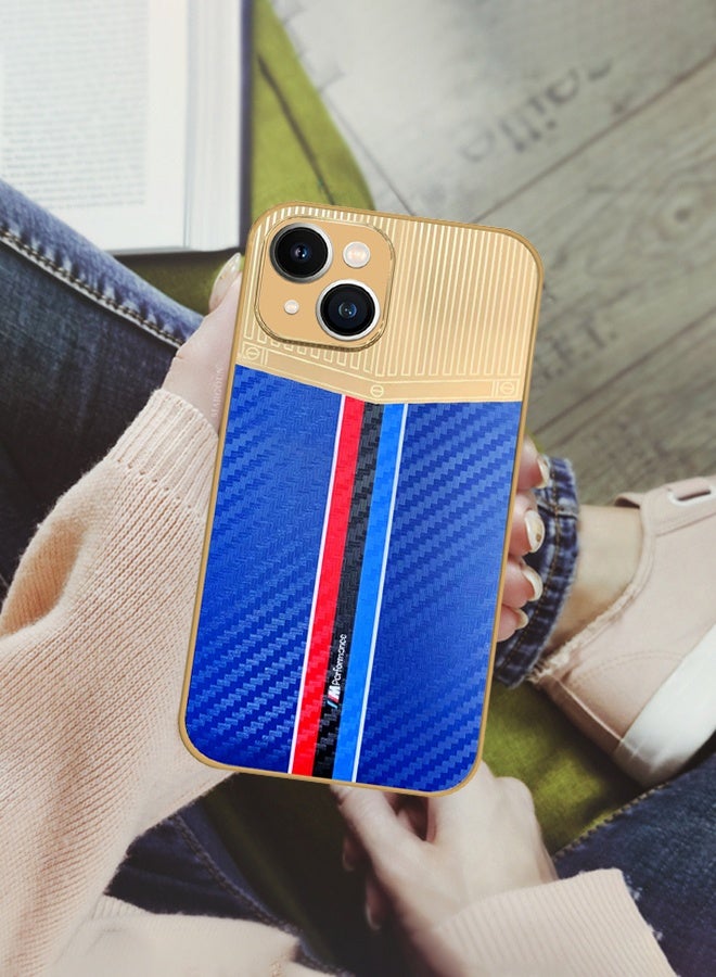 CATANES Luxury Gold Plated Case for iPhone 13 - Hybrid Electroplated Frame Back Cover with Carbon Fiber Texture - Racing Stripe Pattern Blue - Image 5