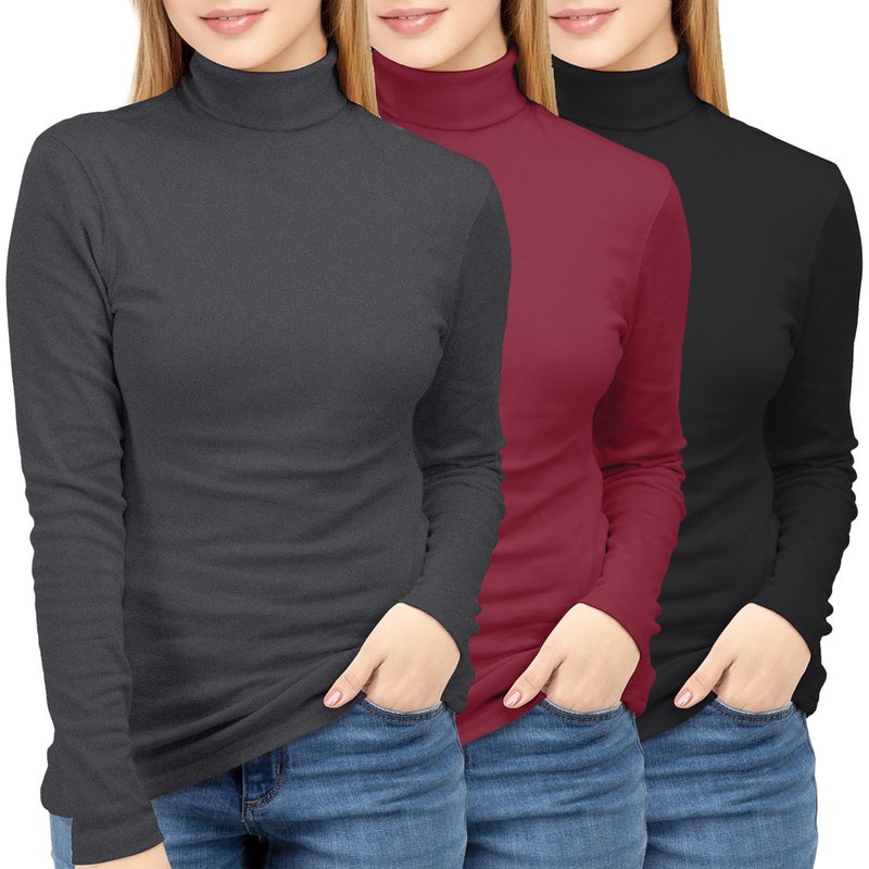 NY Threads 3 Pack Womens Turtleneck Long Sleeve Tops Slim Fit Thermal Underwear Shirts Turtle Neck for Women, Large, Black/Red/Grey - Image 1