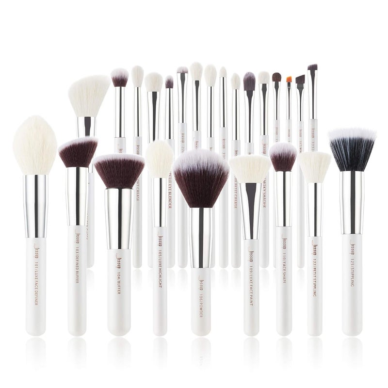 Jessup Jessup Brand 25pcs Professional Makeup Brush Set Beauty Cosmetic Foundation Powder Blusher Eyeshadow Blending Highlight Concealer Natural-Synthetic Hair Brushes Set (Pearl White/Silver)