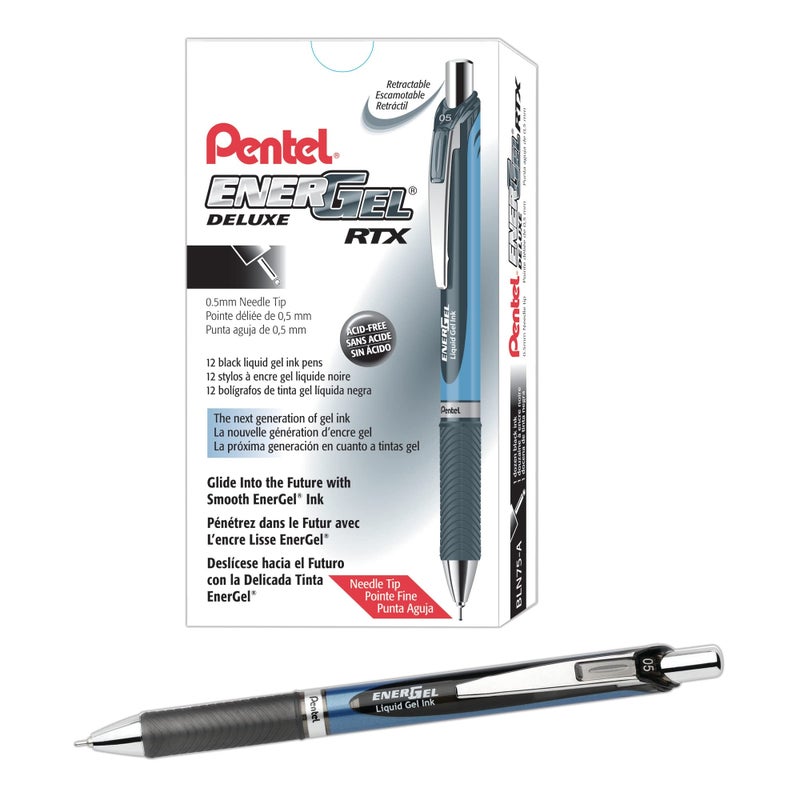 Pentel أقلام جيل سائلة قابلة للسحب من بنتل® إنرجل™ ديلوكس RTX، نقطة رفيعة، 0.5 مم، 54% معاد تدويره، أسطوانة زرقاء، حبر أسود، عبوة من 12 قلم - Image 1