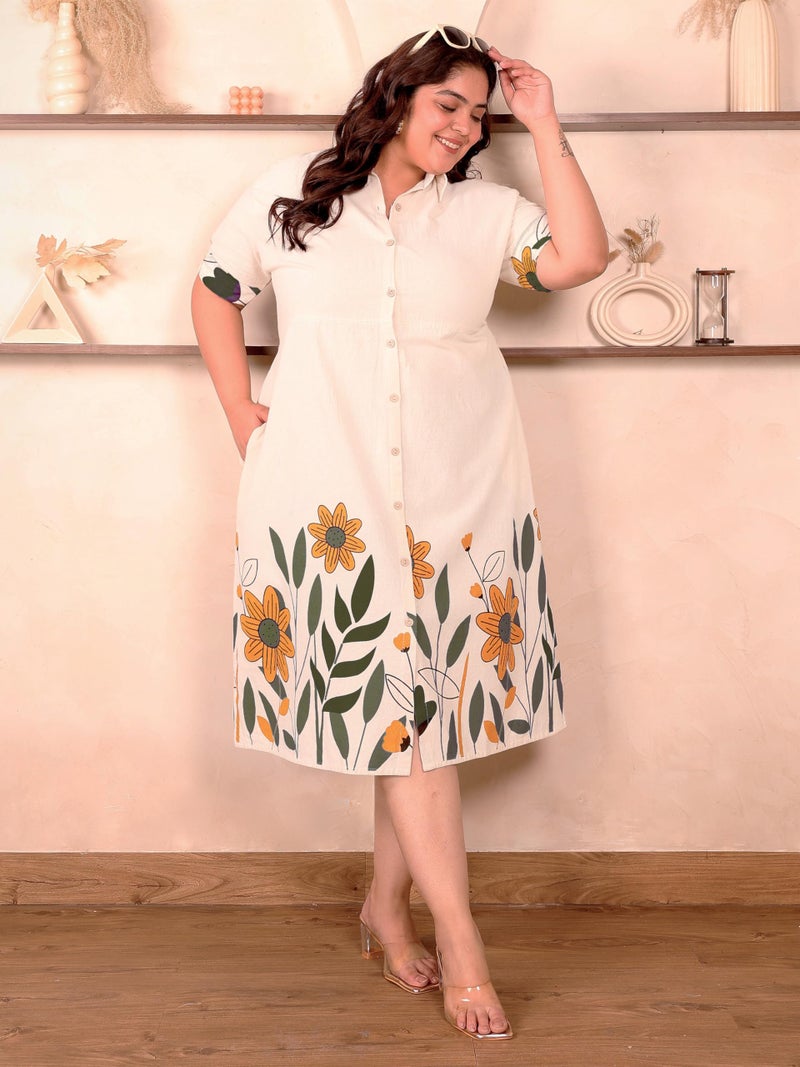 Indietoga Women's Plus Size Cotton A-Line Midi Dress (P10001634_Beige Floral Printed_3XL) - Image 4