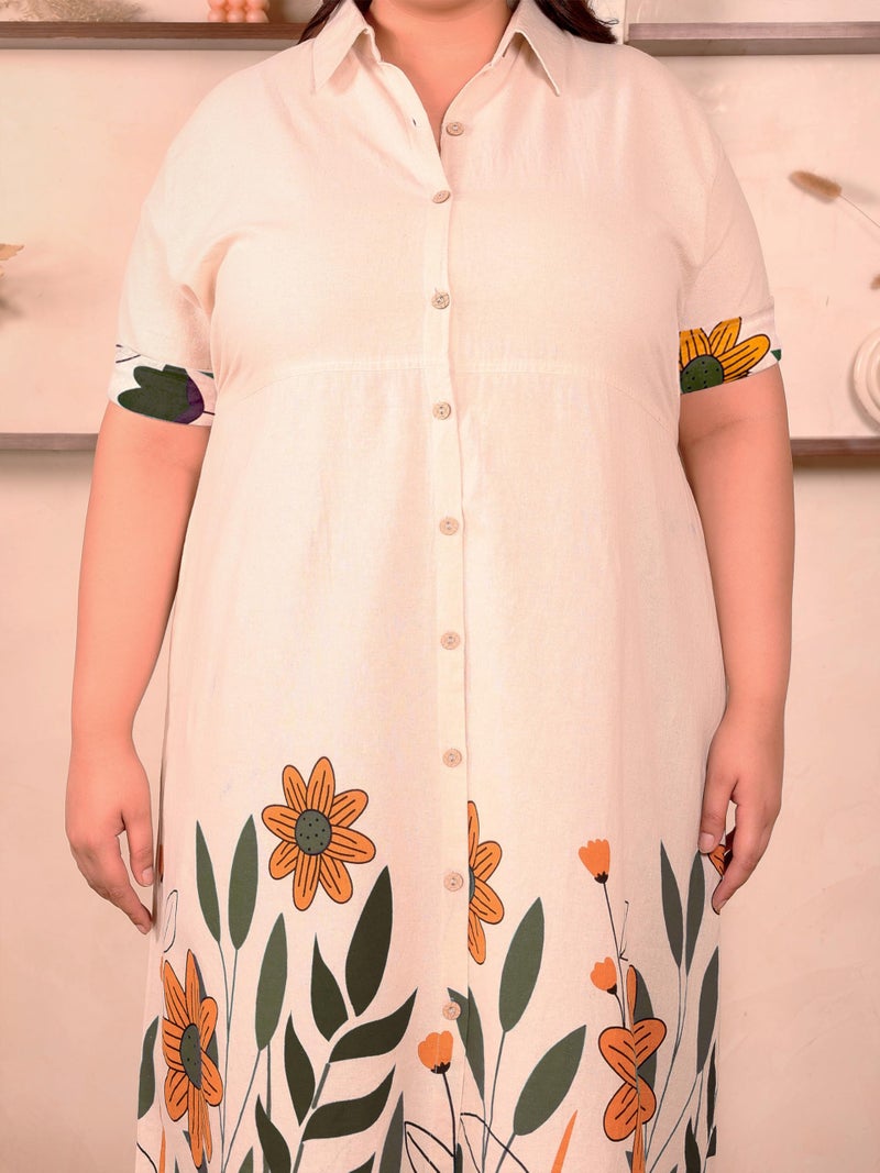 Indietoga Women's Plus Size Cotton A-Line Midi Dress (P10001634_Beige Floral Printed_3XL) - Image 5
