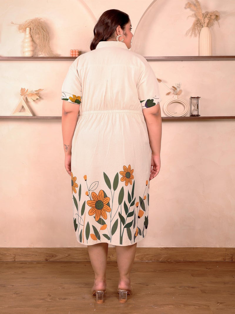Indietoga Women's Plus Size Cotton A-Line Midi Dress (P10001634_Beige Floral Printed_3XL) - Image 2