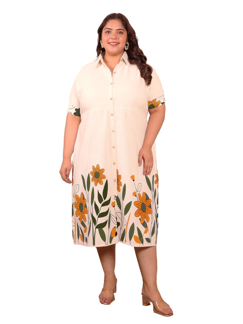 Indietoga Women's Plus Size Cotton A-Line Midi Dress (P10001634_Beige Floral Printed_3XL) - Image 1