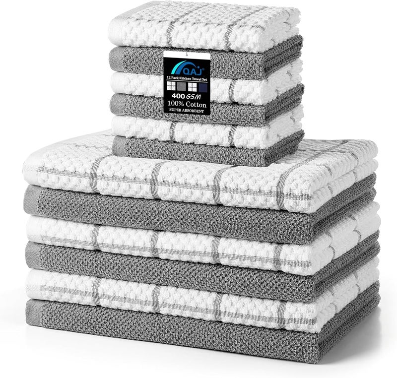 QAJ 12 Pack Kitchen Towels and Dishcloths Set, 100% Cotton Soft and Absorbent Kitchen Towels 16 x 25 inche & 13 x 13inche Dishcloths - Image 1
