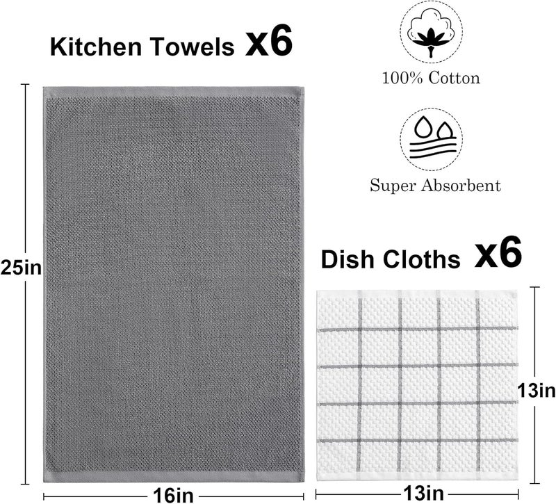 QAJ 12 Pack Kitchen Towels and Dishcloths Set, 100% Cotton Soft and Absorbent Kitchen Towels 16 x 25 inche & 13 x 13inche Dishcloths - Image 2