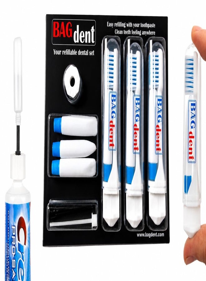 Bagdent Travel Toothbrushes and Toothpaste Empty Containers - 10 PCS/Set: 3X Foldable Toothbrushes, 6X Empty Refillable Tubes (0.12oz, 1x Filling Adapters, Travel Set, Emergency Set, Daily Use - Image 1