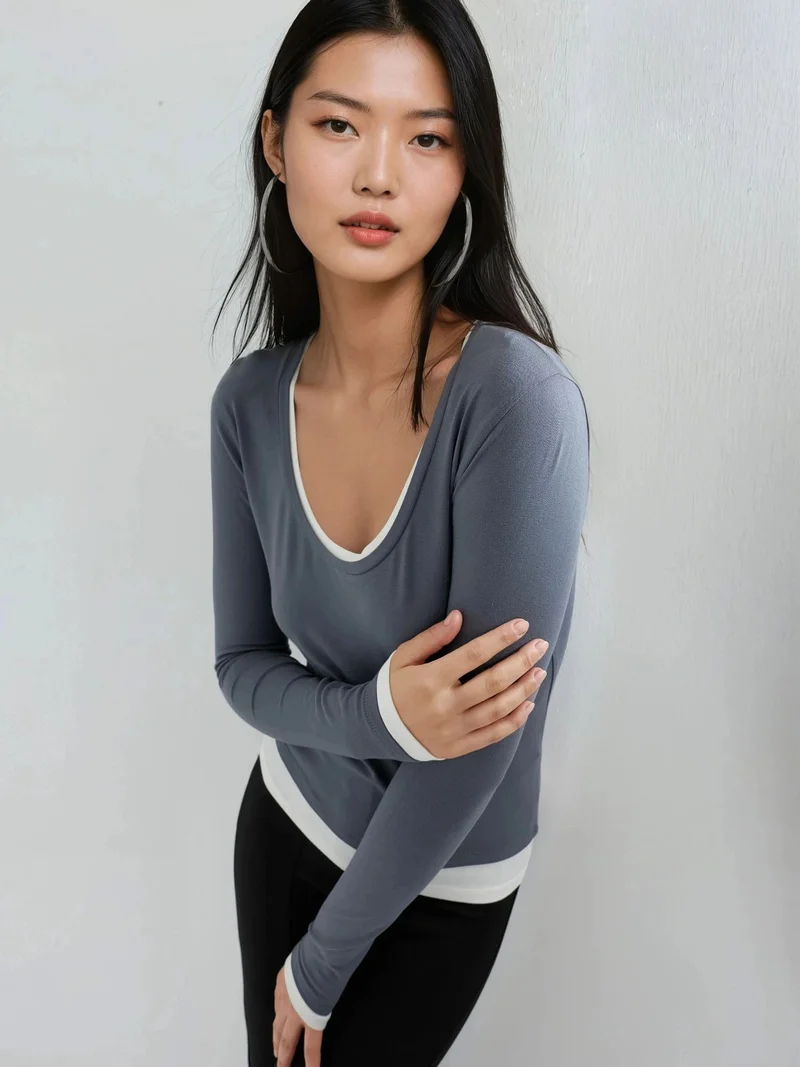 بوسيم BUSEM Contrast Binding Long Sleeve Blouse