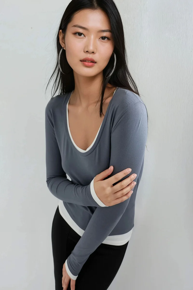بوسيم BUSEM Contrast Binding Long Sleeve Blouse