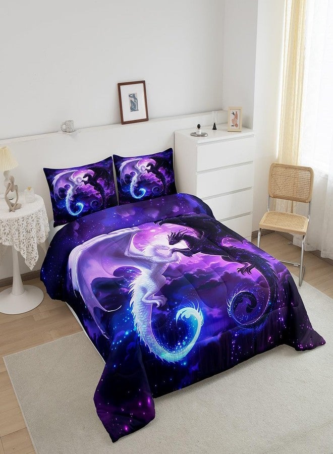 Homewish Black White Dragon Bedding Set Full Size,Nebula Star Glitter Comforter Set for Kids Teens Couple Adults Room Decor,Western Magical Wildlife Duvet Insert 3Pcs,Animal Purple Quilt Set,2 Pillowcases - Image 2