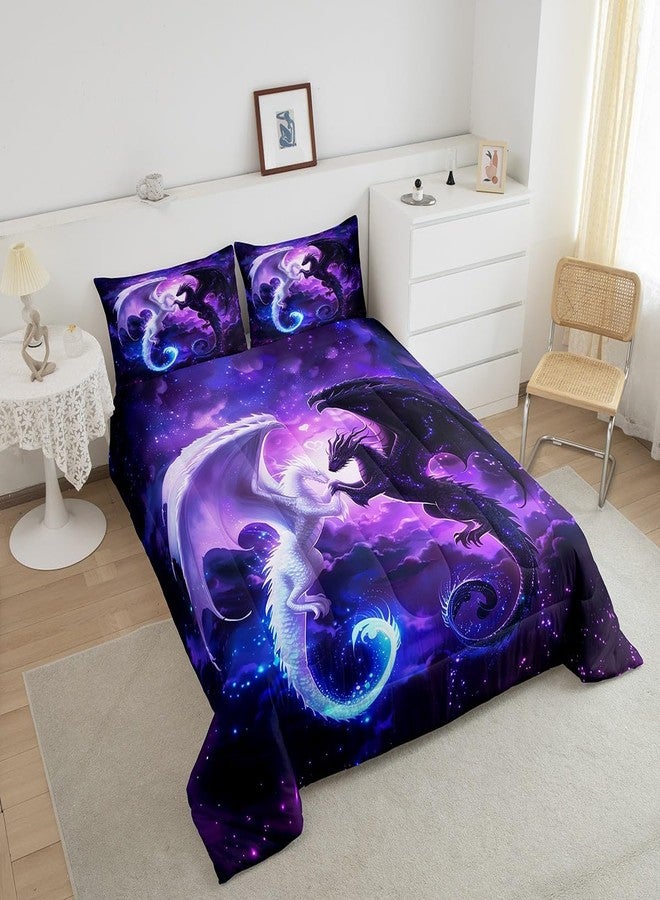 Homewish Black White Dragon Bedding Set Full Size,Nebula Star Glitter Comforter Set for Kids Teens Couple Adults Room Decor,Western Magical Wildlife Duvet Insert 3Pcs,Animal Purple Quilt Set,2 Pillowcases - Image 3