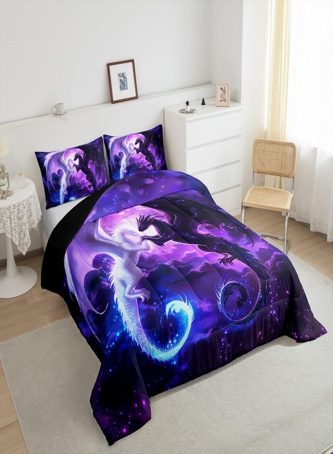Homewish Black White Dragon Bedding Set Full Size,Nebula Star Glitter Comforter Set for Kids Teens Couple Adults Room Decor,Western Magical Wildlife Duvet Insert 3Pcs,Animal Purple Quilt Set,2 Pillowcases - Image 4