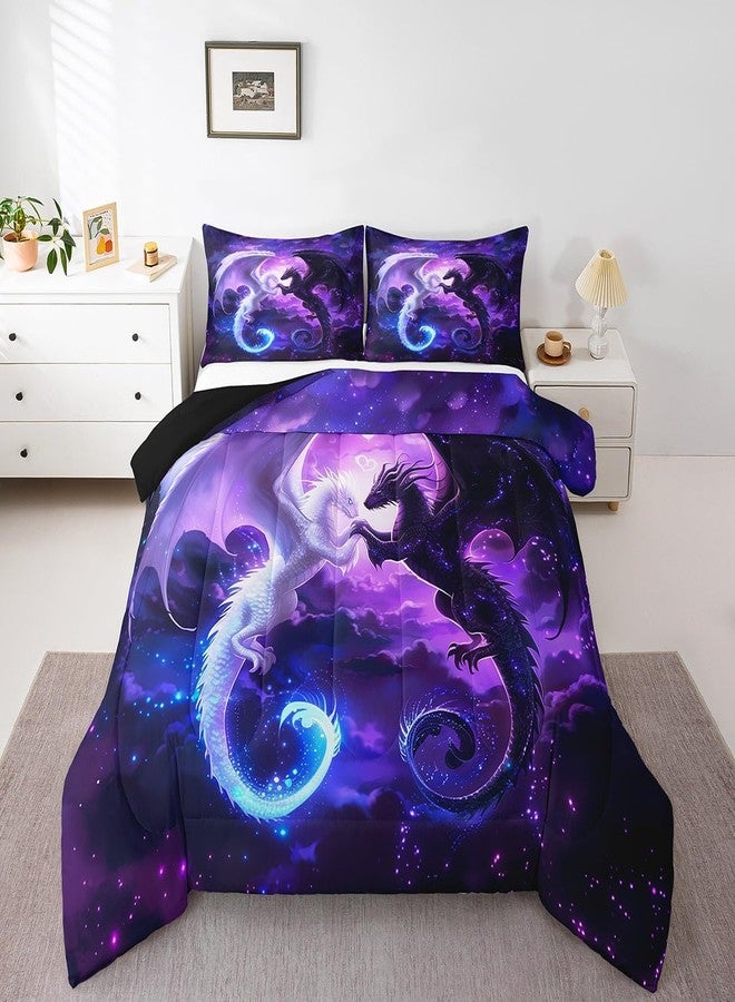 Homewish Black White Dragon Bedding Set Full Size,Nebula Star Glitter Comforter Set for Kids Teens Couple Adults Room Decor,Western Magical Wildlife Duvet Insert 3Pcs,Animal Purple Quilt Set,2 Pillowcases - Image 5