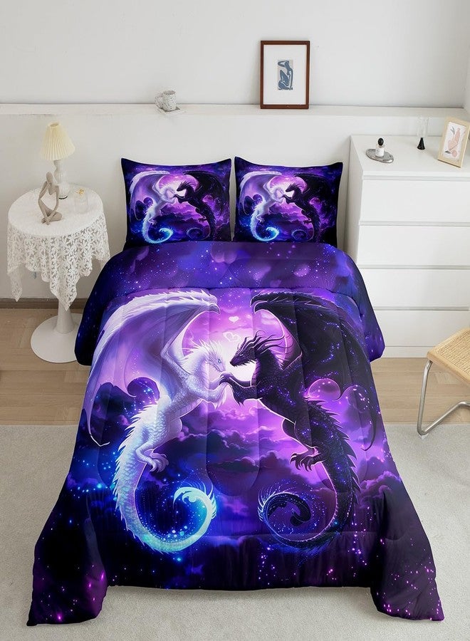 Homewish Black White Dragon Bedding Set Full Size,Nebula Star Glitter Comforter Set for Kids Teens Couple Adults Room Decor,Western Magical Wildlife Duvet Insert 3Pcs,Animal Purple Quilt Set,2 Pillowcases - Image 1