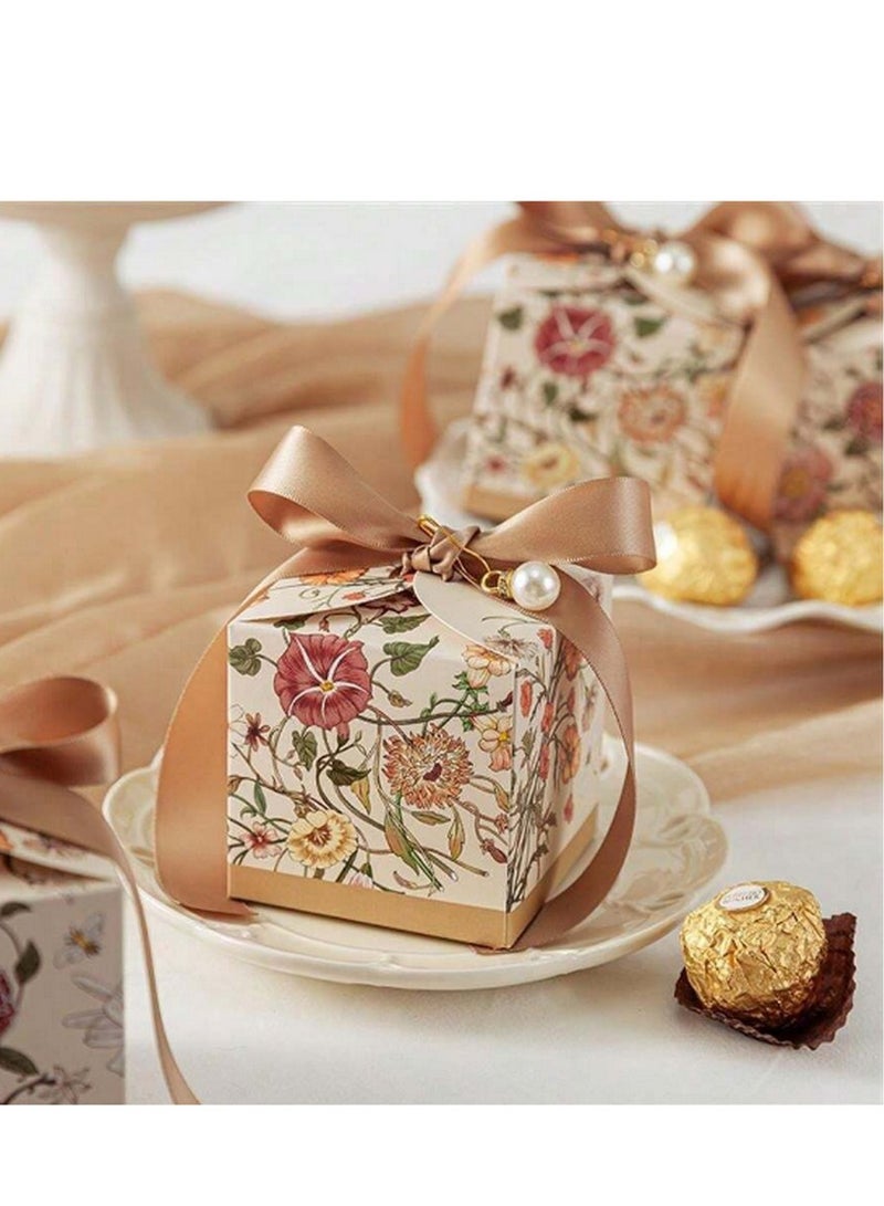مجموعة صناديق هدايا فاخرة من 10 قطع – تصميم زهري أنيق مع شريط ساتان ولمسة لؤلؤية - Image 1